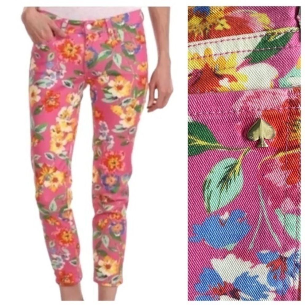 Kate Spade Pink Colorful Floral Print Broome Street Cropped Denim Pants